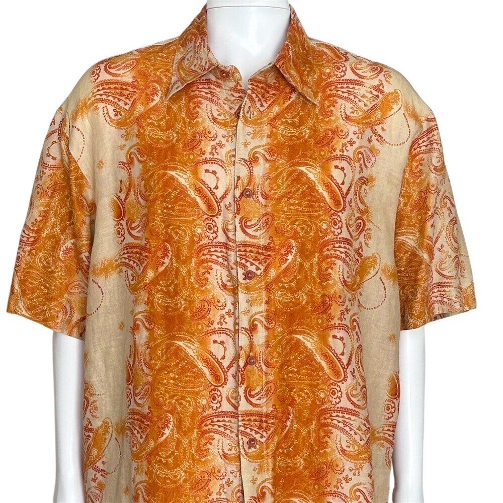 Syllables Men's Camp Shirt XL Orange & Cream Paisley Short Sleeve Button - Picture 8 of 12